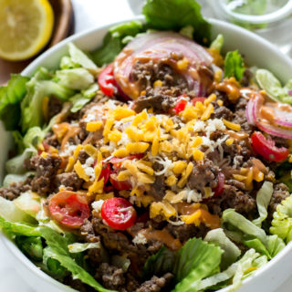 Just looking at this colorful hearty juicy cheeseburger salad makes me hungry! Juicy cheeseburger in a salad form. Ketogenic approved! #keto #low carb