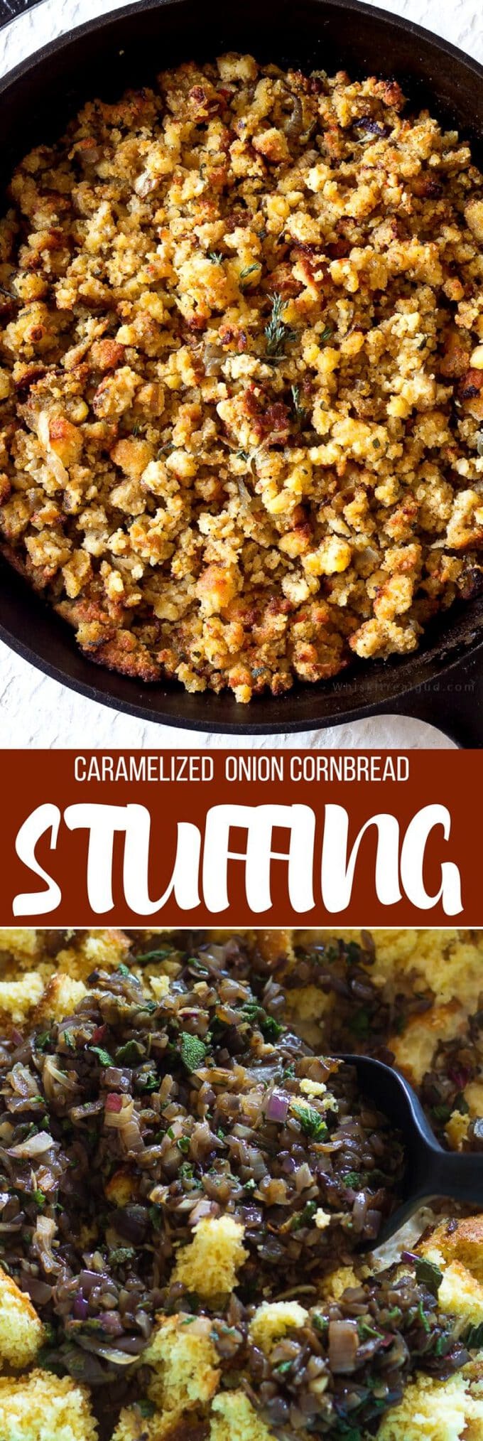 Simple Cornbread stuffing/dressing comes together easily. Caramelized onions, sweet corn muffins and fresh sage. This Cornbread stuffing is moist with a slightly craggy soft top. Simply delicious!