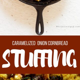 Simple Cornbread stuffing/dressing comes together easily. Caramelized onions, sweet corn muffins and fresh sage. This Cornbread stuffing is moist with a slightly craggy soft top. Simply delicious!