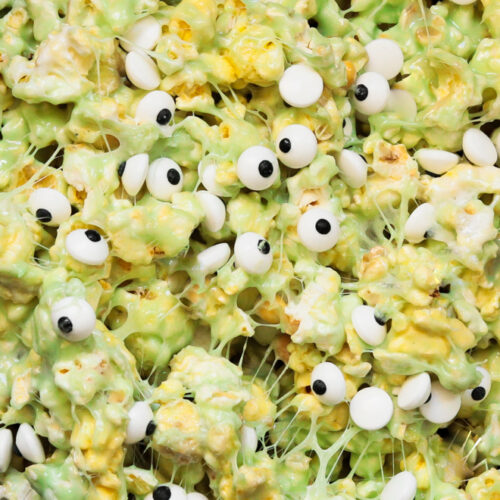 a closeup pic of slime popcorn with candy eyes