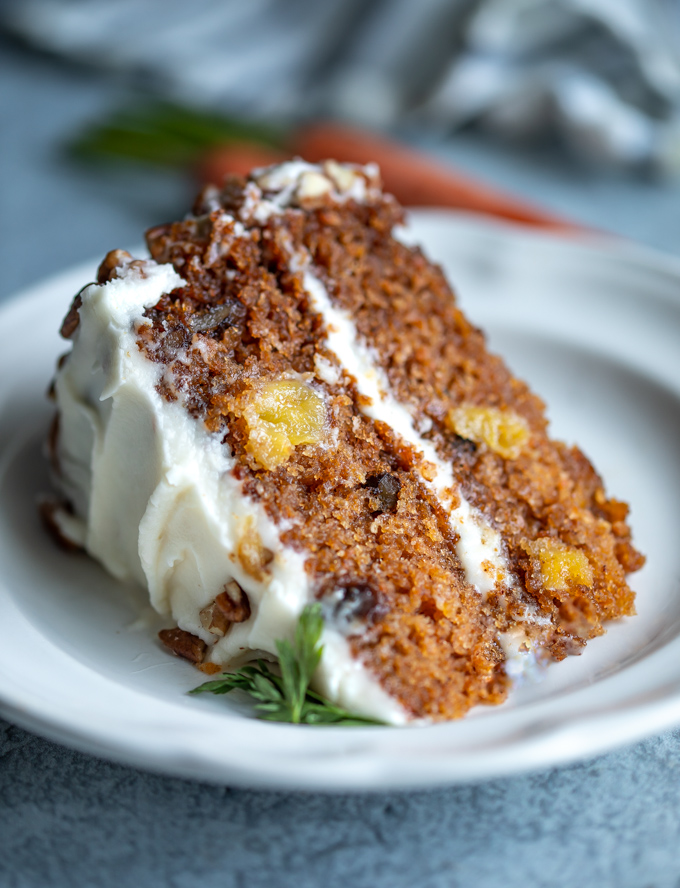 Photo of a slice of old fashioned pineapple carrot cake