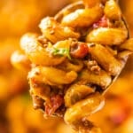 Close-up of easy taco pasta recipe with ground beef, elbow macaroni, and homemade taco seasoning.