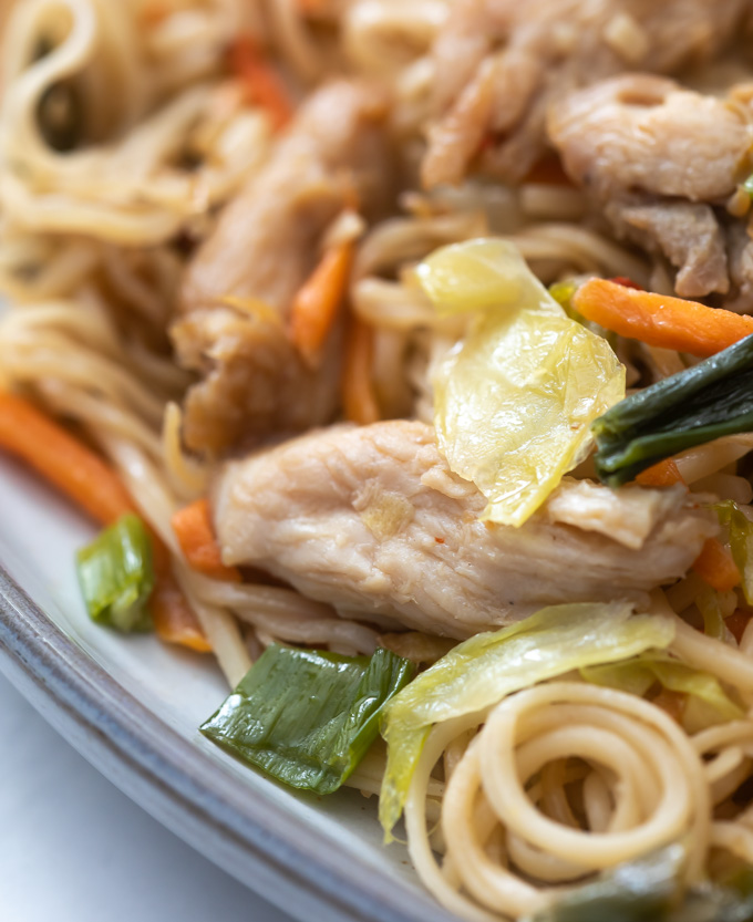 A plate of chicken chow mein with cabbage, green onions, carrots and bean sprouts